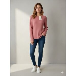 A New Day Women's Size M Teal Ribbed Solid Long Sleeve Crew Neck Slim Fit Top